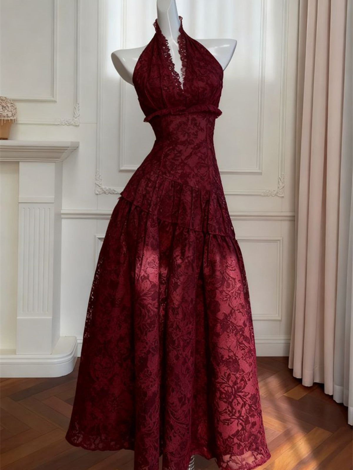 Wine Red Halter Lace A-line Long Formal Dress, Wine Red Lace Prom Dres