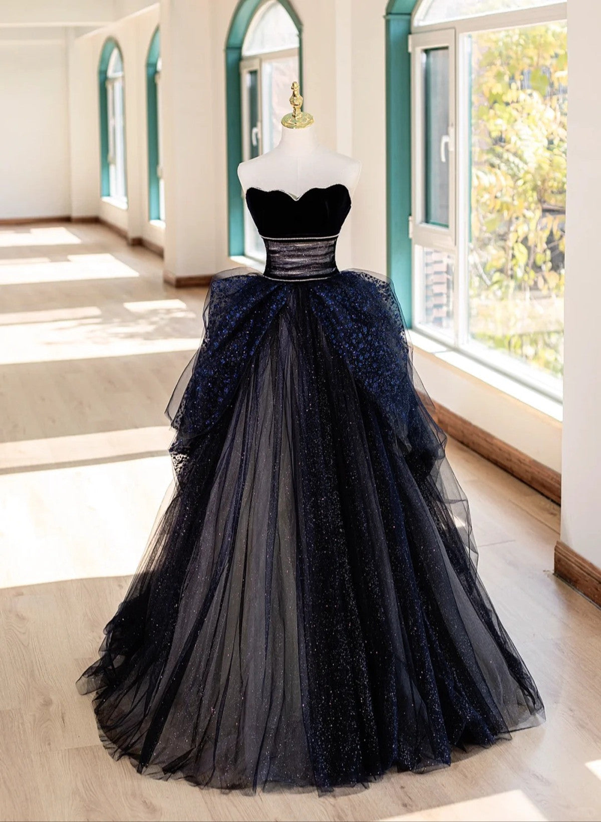 Navy Blue and Black Sweetheart Beaded Tulle Long Evening Dress, Long P Navy Blue and Black Sweetheart Beaded Tulle Long Evening Dress, Long P