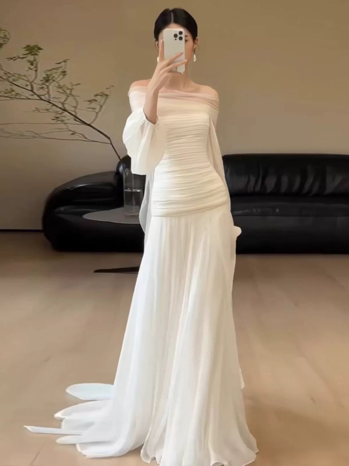 White Chiffon Off Shoulder Long Sleeves Party Dress, White Chiffon Wed Cutedressy White Chiffon Off Shoulder Long Sleeves Party Dress, White Chiffon Wed Cutedressy