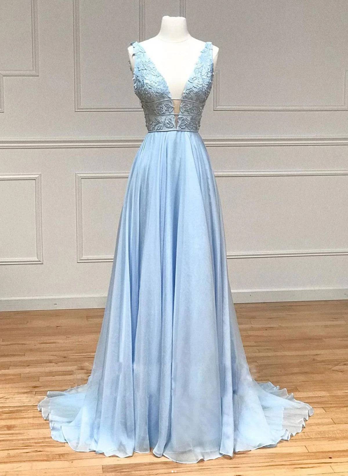 Light Blue Chiffon with Lace A-line Prom Dress, Light Blue Evening Dre Cutedressy Light Blue Chiffon with Lace A-line Prom Dress, Light Blue Evening Dre Cutedressy