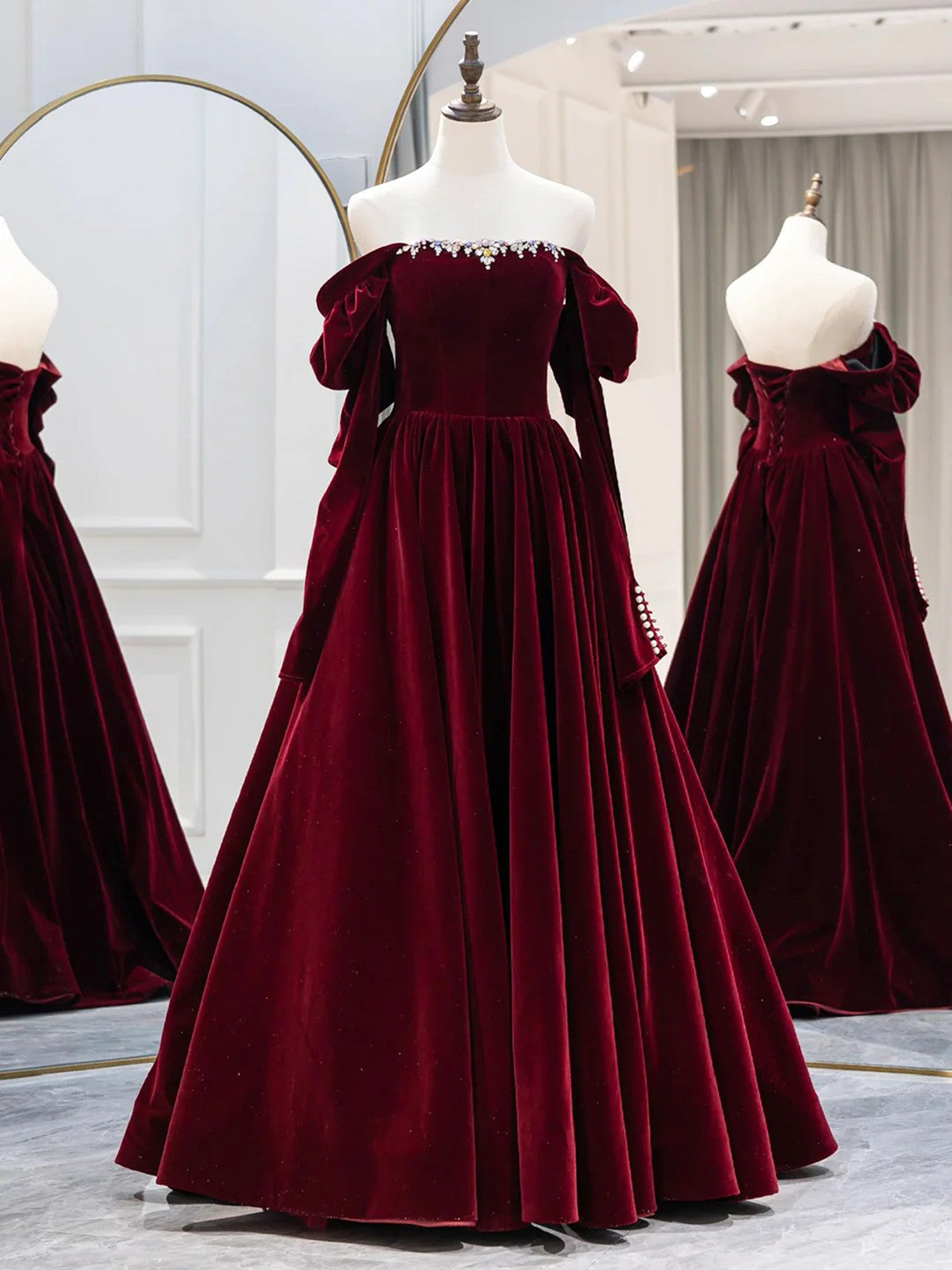 Wine Red Long Sleeves Off Shoulder Party Dress, Wine Red Velvet Prom Dress Wine Red Long Sleeves Off Shoulder Party Dress, Wine Red Velvet Prom Dress