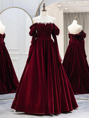 Wine Red Long Sleeves Off Shoulder Party Dress, Wine Red Velvet Prom Dress Wine Red Long Sleeves Off Shoulder Party Dress, Wine Red Velvet Prom Dress