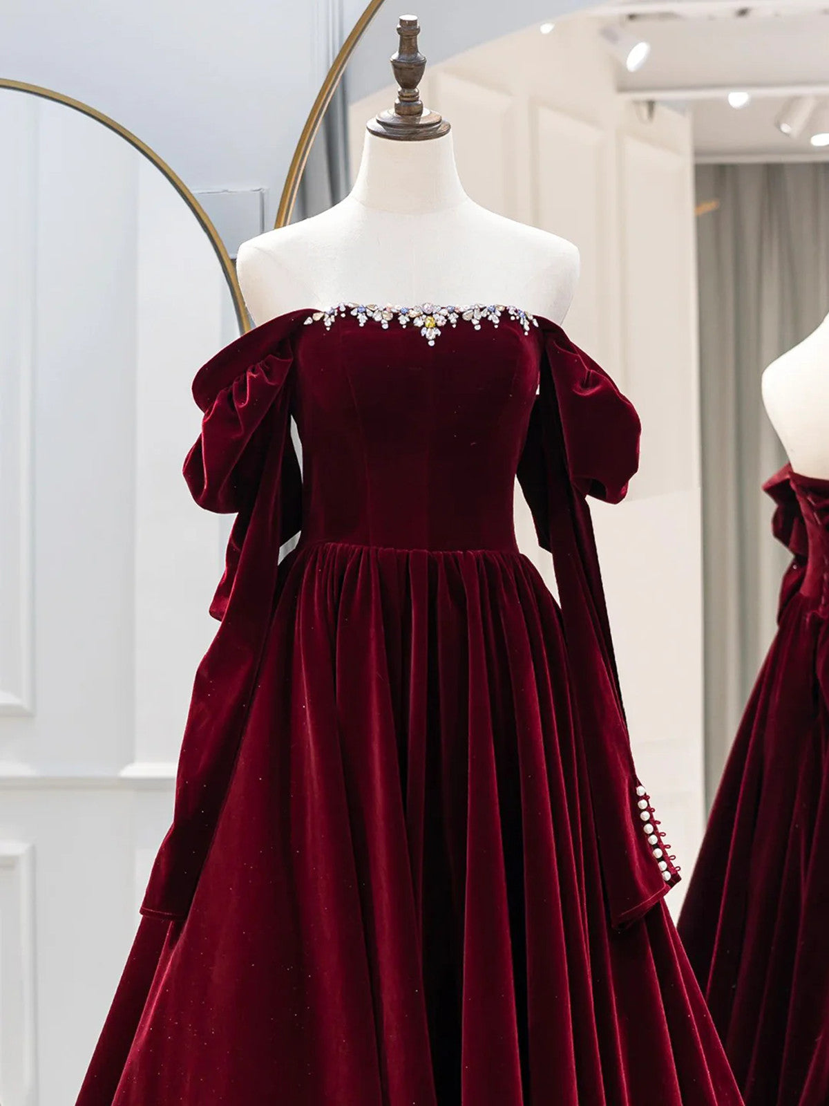 Wine Red Long Sleeves Off Shoulder Party Dress, Wine Red Velvet Prom Dress Wine Red Long Sleeves Off Shoulder Party Dress, Wine Red Velvet Prom Dress