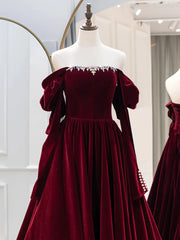 Wine Red Long Sleeves Off Shoulder Party Dress, Wine Red Velvet Prom Dress Wine Red Long Sleeves Off Shoulder Party Dress, Wine Red Velvet Prom Dress