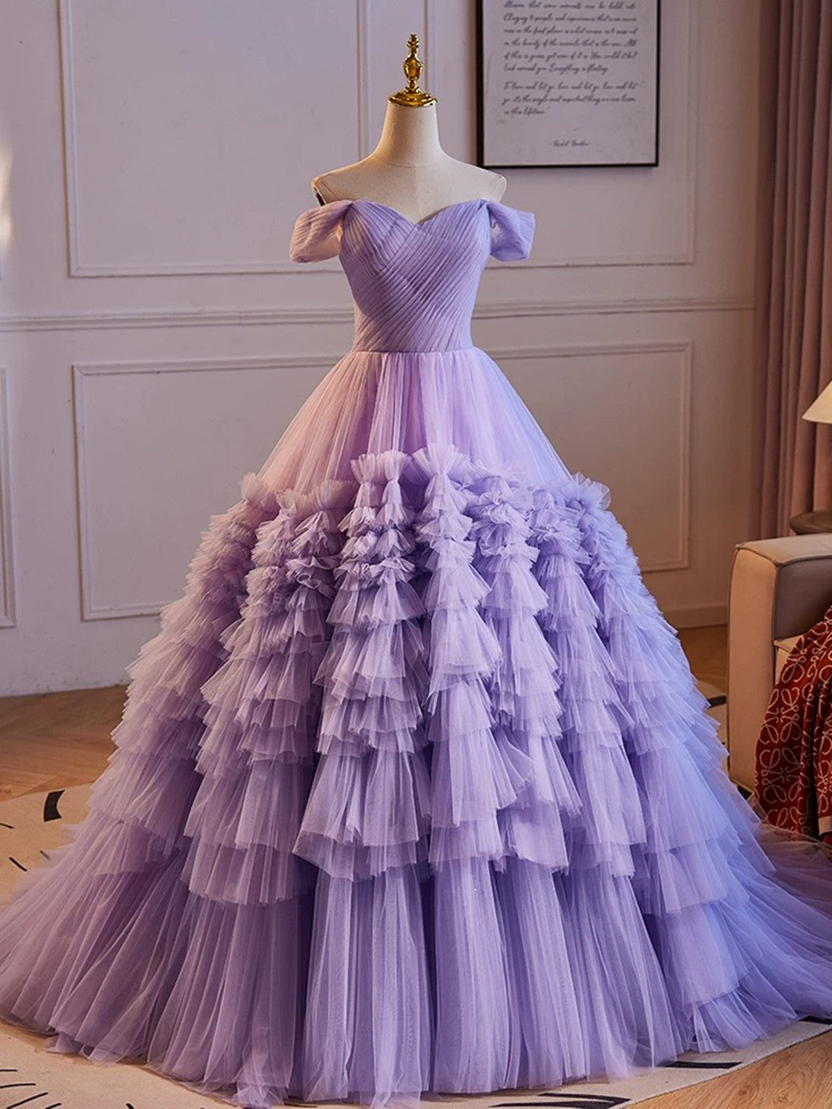 Purple Off Shoulder Sweetheart Tulle Sweet 16 Dress, Purple Tulle Long Cutedressy Purple Off Shoulder Sweetheart Tulle Sweet 16 Dress, Purple Tulle Long Cutedressy