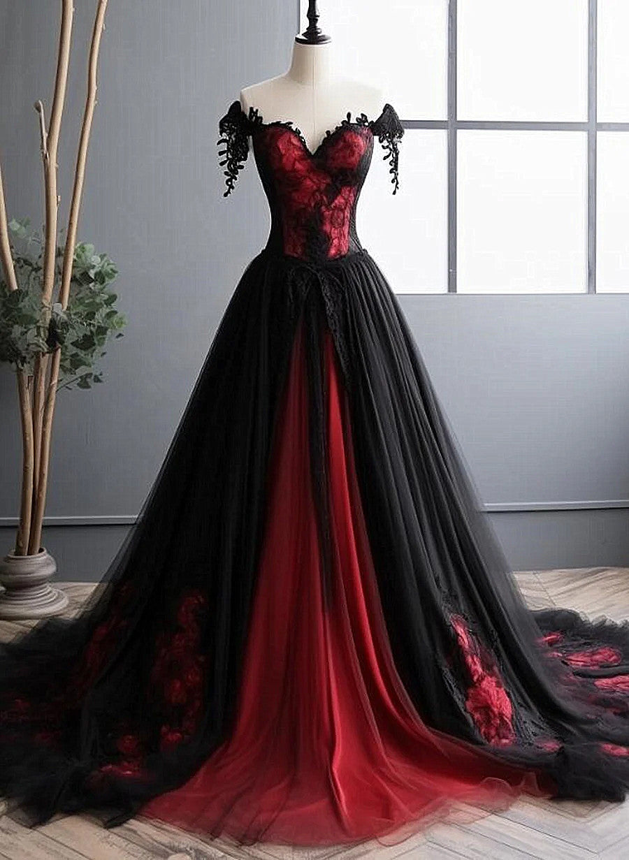 Elegant Black and Red Tulle with Lace Off Shoulder Gown, Black and Red