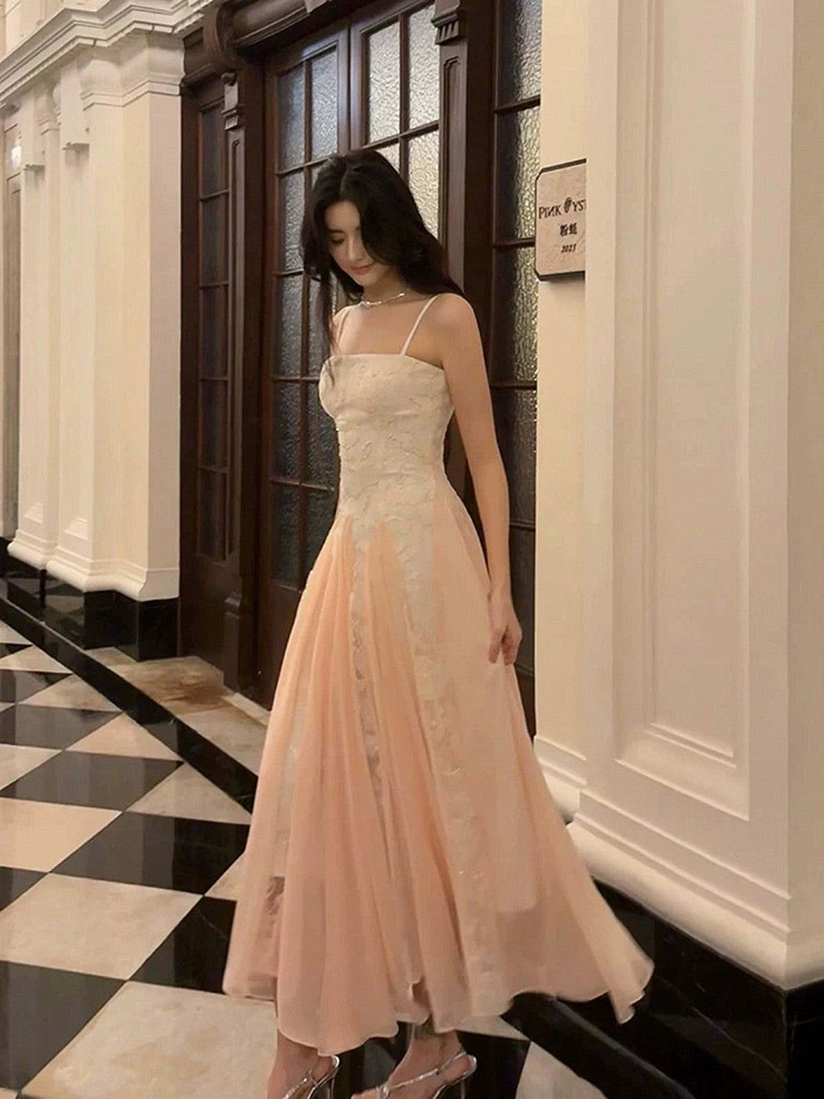 Pink Chiffon and White Lace Straps A-line Prom Dress, Long Chic Evenin Cutedressy Pink Chiffon and White Lace Straps A-line Prom Dress, Long Chic Evenin Cutedressy