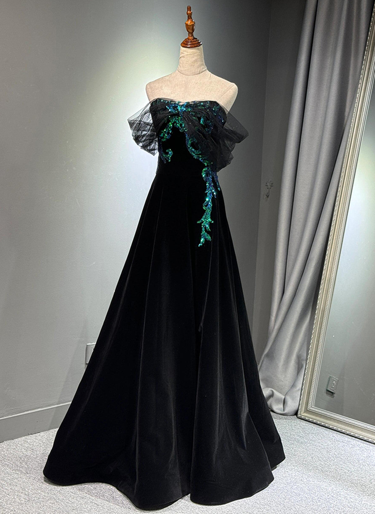 A-line Black Velvet and Tulle Off Shoulder Party Dress, Black Long Pro Cutedressy A-line Black Velvet and Tulle Off Shoulder Party Dress, Black Long Pro Cutedressy