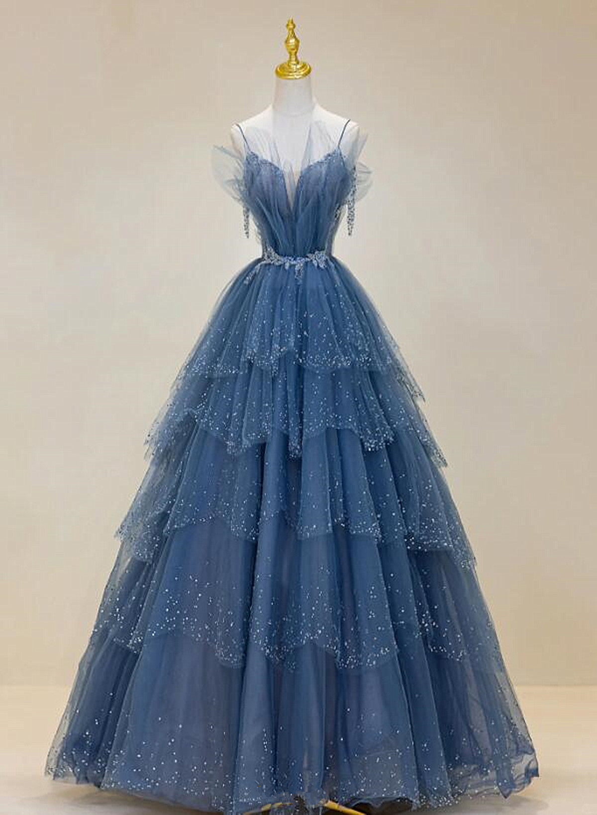 Blue A-line Beaded Layers Tulle Long Formal Dress, Blue Unique Long Pr Cutedressy Blue A-line Beaded Layers Tulle Long Formal Dress, Blue Unique Long Pr Cutedressy