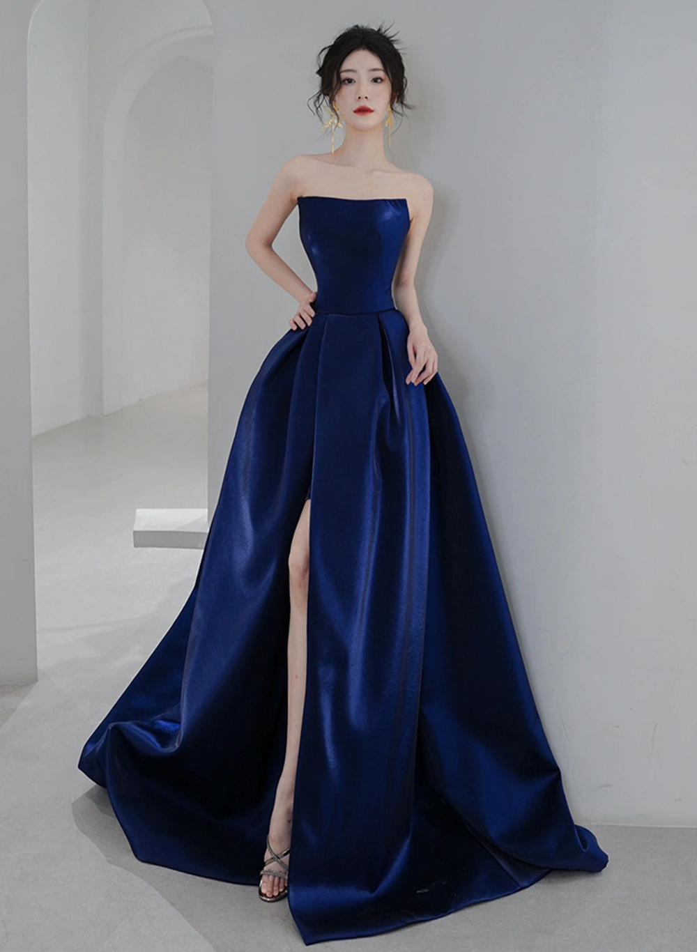 Navy Blue Simple Satin A-line Long Prom Dress, Navy Blue Formal Dress Cutedressy Navy Blue Simple Satin A-line Long Prom Dress, Navy Blue Formal Dress Cutedressy