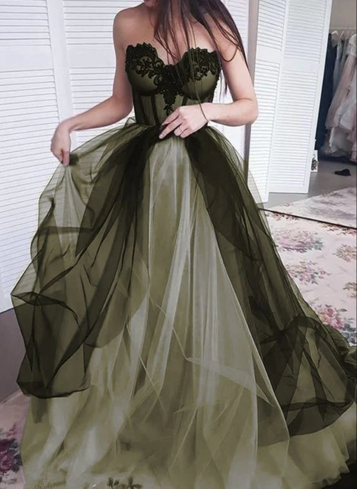 Black and Green Sweetheart Tulle with Lace Formal Dress A line Lace u