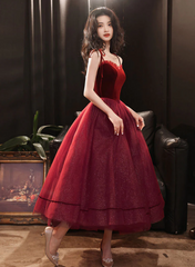 Cute Wine Red Velvet and Tulle Homecoming Dress, Wine Red Straps Party Dress Cute Wine Red Velvet and Tulle Homecoming Dress, Wine Red Straps Party Dress