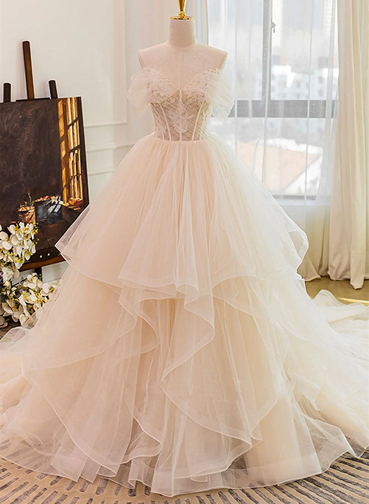 Light Champagne Sweetheart High Low Wedding Party Dress, Champagne Par