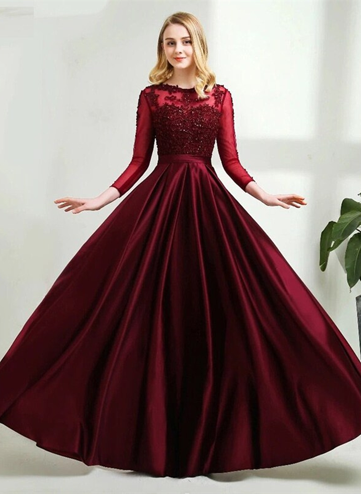 Wine Red Satin and Lace Round Neckline Bridesmaid Dress, Wine Red Tull Cutedressy Wine Red Satin and Lace Round Neckline Bridesmaid Dress, Wine Red Tull Cutedressy