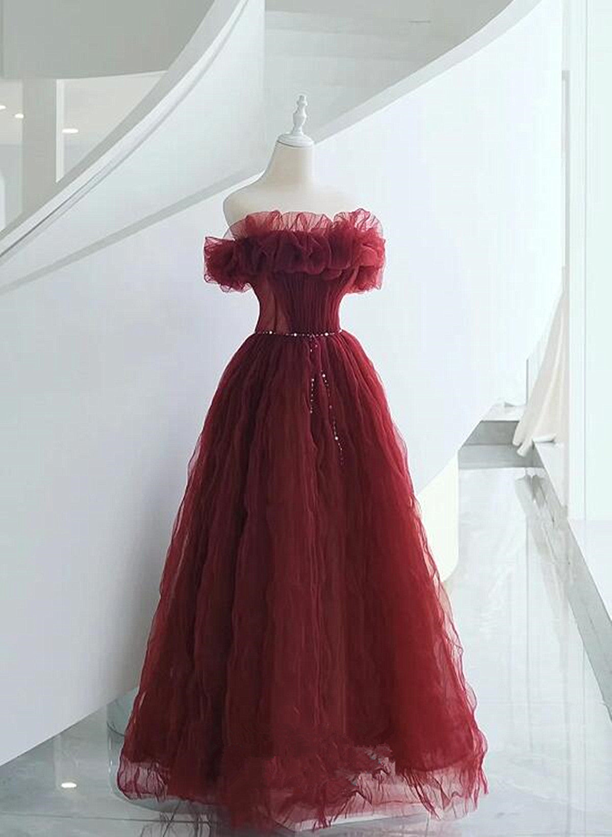 Wine Red Chic Off Shoulder Tulle Long Evening Dress, Wine Red A-line P Cutedressy Wine Red Chic Off Shoulder Tulle Long Evening Dress, Wine Red A-line P Cutedressy