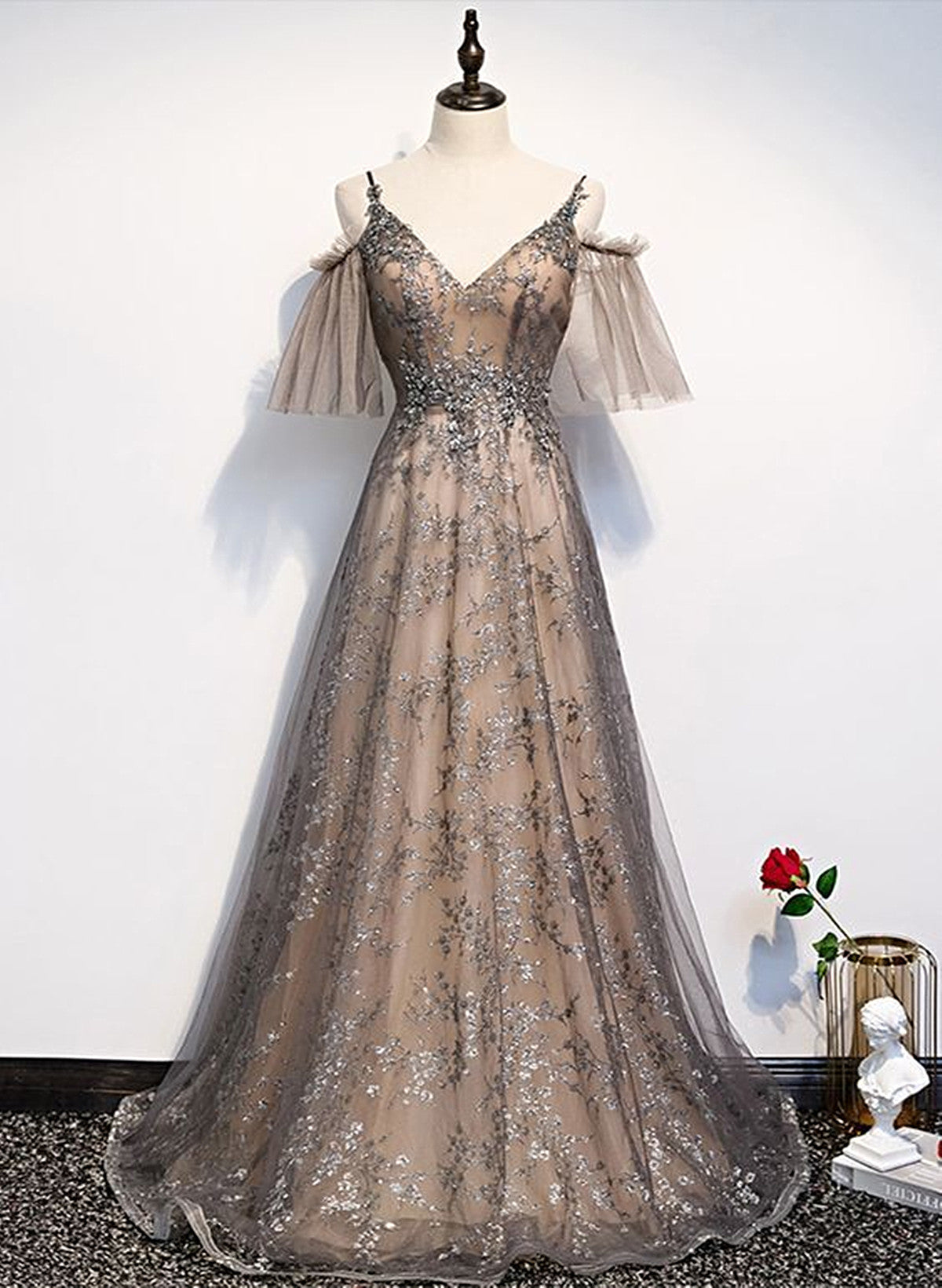 A-line Champagne V-neckline Long Tulle Formal Dress, Champagne Prom Dr Cutedressy A-line Champagne V-neckline Long Tulle Formal Dress, Champagne Prom Dr Cutedressy