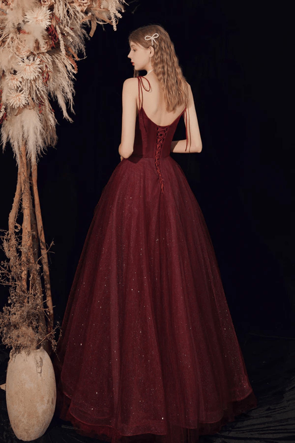 Wine Red Straps Tulle Beaded Long Prom Dress, Wine Red A-line Formal Dress