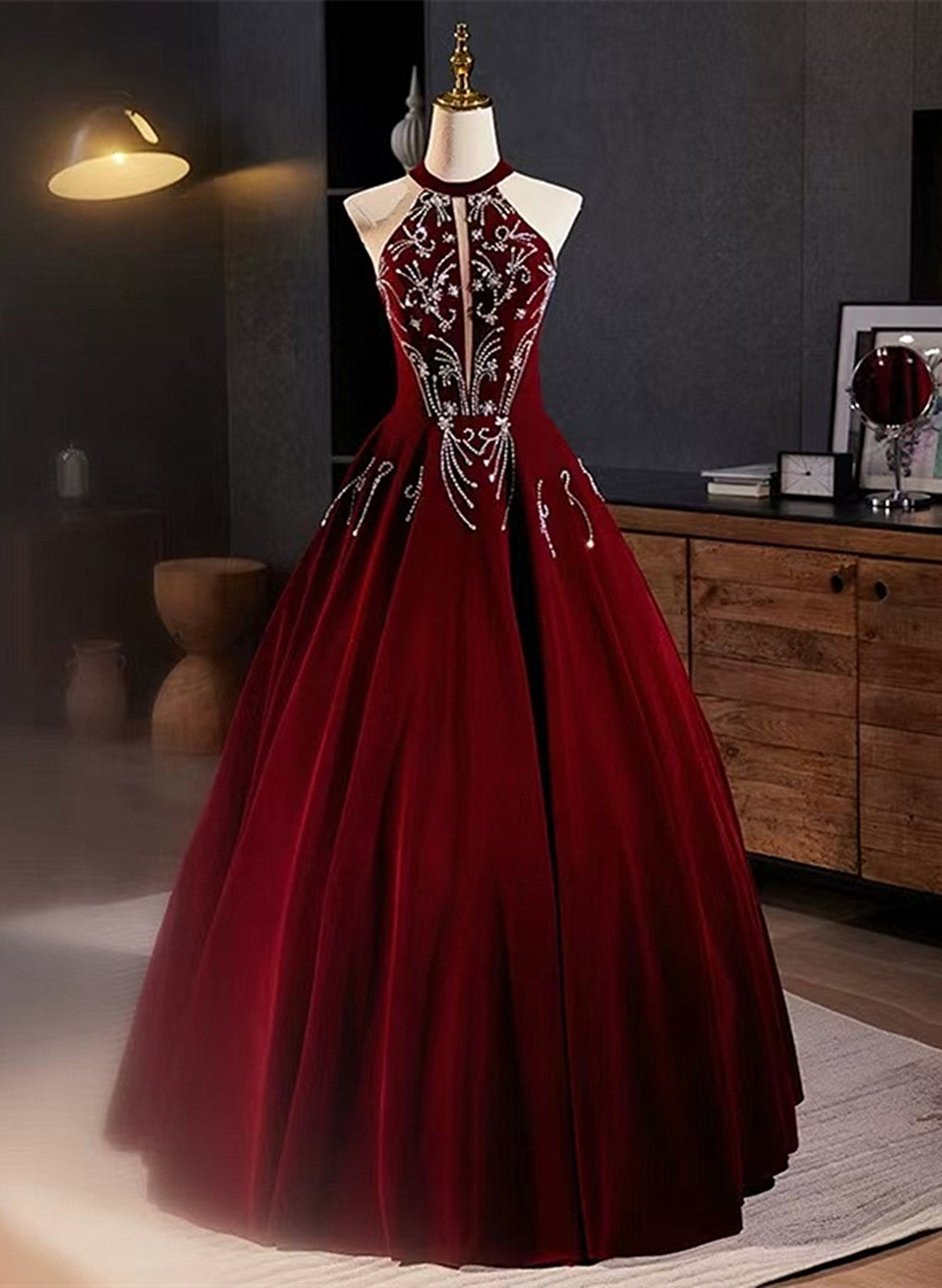 Glam Wine Red Beaded Velvet Halter Evening Dress, Wine Red Velvet Prom