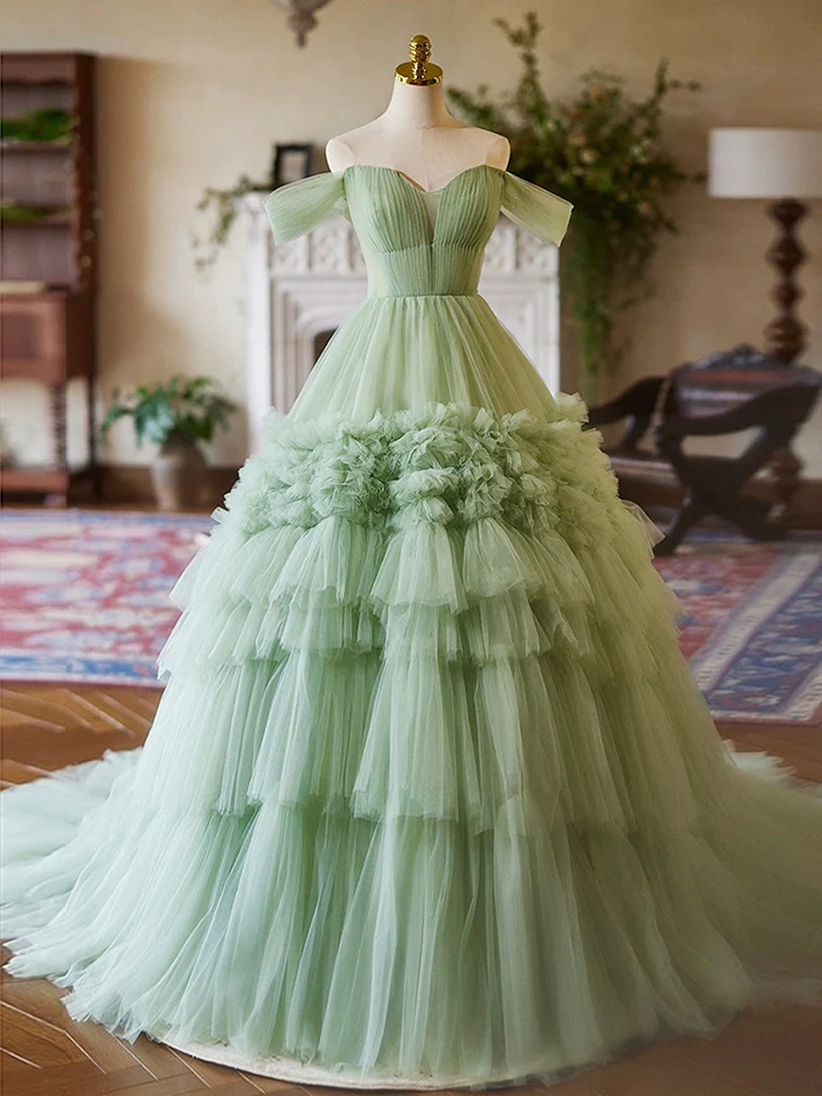 Green Sweetheart Tulle Off Shoulder Layers Long Formal Dress, Green Sw Cutedressy Green Sweetheart Tulle Off Shoulder Layers Long Formal Dress, Green Sw Cutedressy