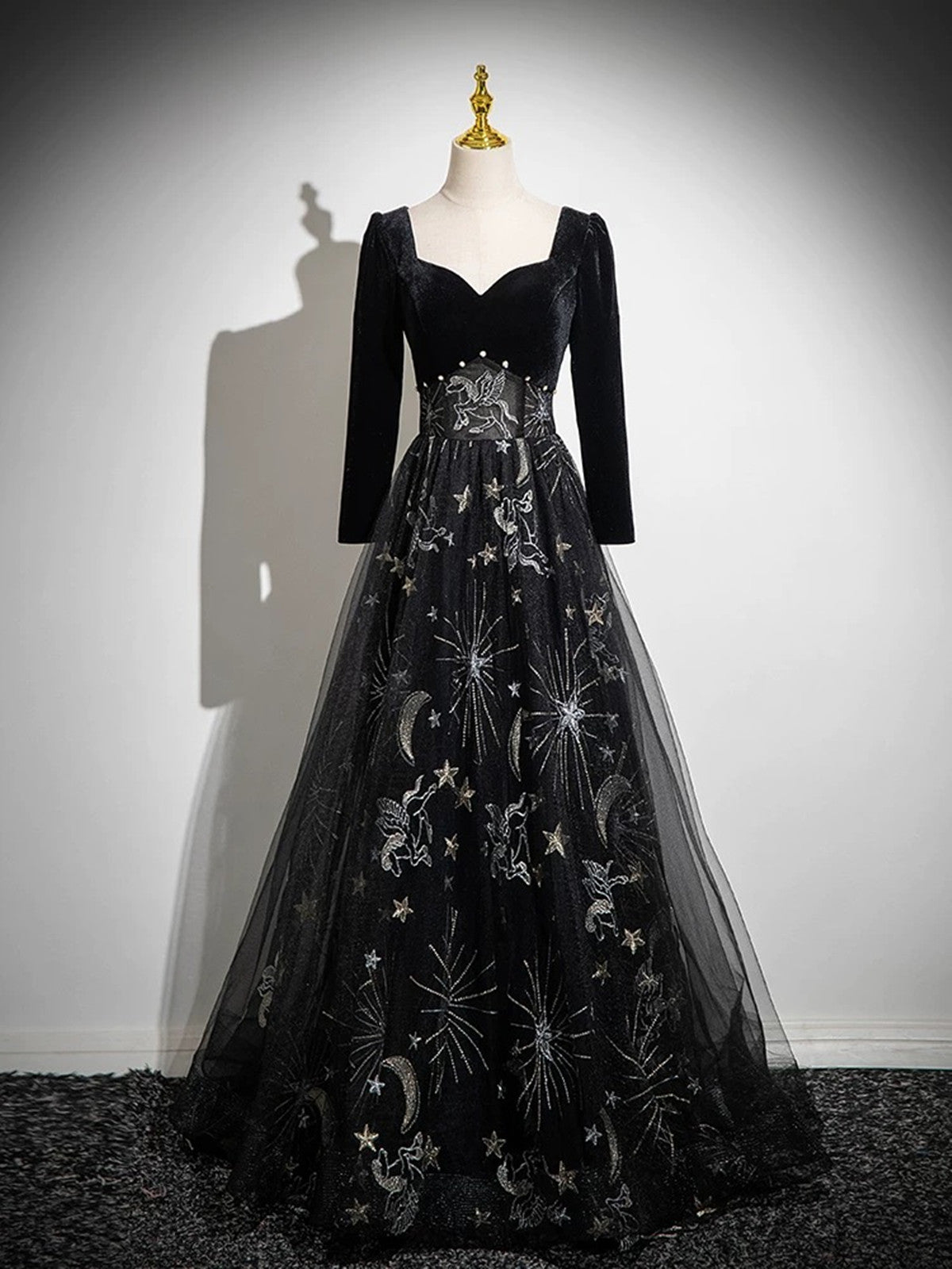 Black Long Sleeves Velet and Tulle Party Dress, Black Sweetheart Prom Cutedressy Black Long Sleeves Velet and Tulle Party Dress, Black Sweetheart Prom Cutedressy