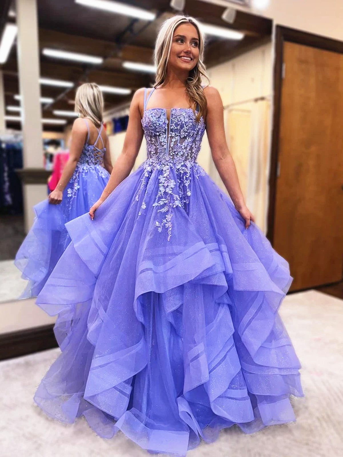 Light Purple Tulle with Lace Layers Long Formal Dress, Light Purple Prom Dress Light Purple Tulle with Lace Layers Long Formal Dress, Light Purple Prom Dress