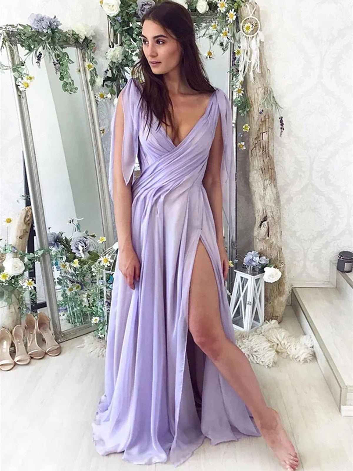 Light Purple Chiffon Long Prom Dress, Purple Party Dress wiith Leg Sli Cutedressy Light Purple Chiffon Long Prom Dress, Purple Party Dress wiith Leg Sli Cutedressy
