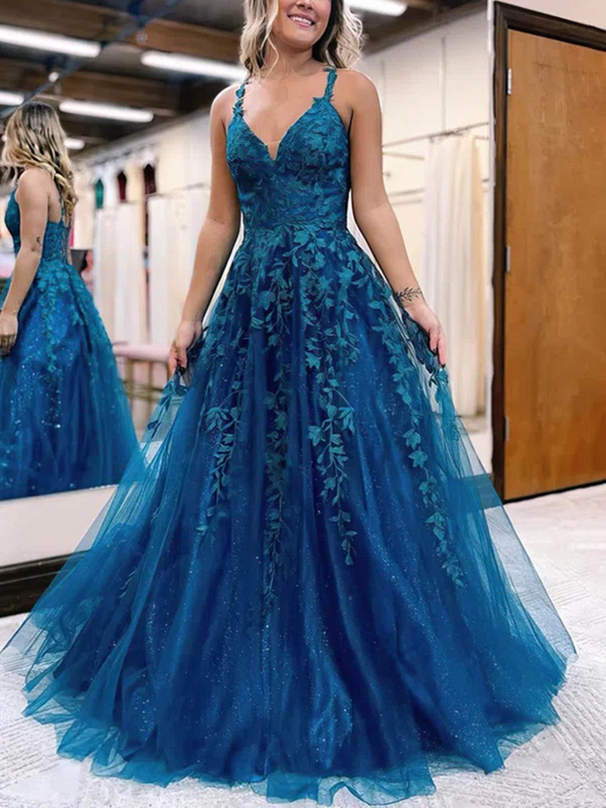 Blue Tulle with Lace Applique Straps Low Back Party Dress, Blue Prom D Cutedressy Blue Tulle with Lace Applique Straps Low Back Party Dress, Blue Prom D Cutedressy