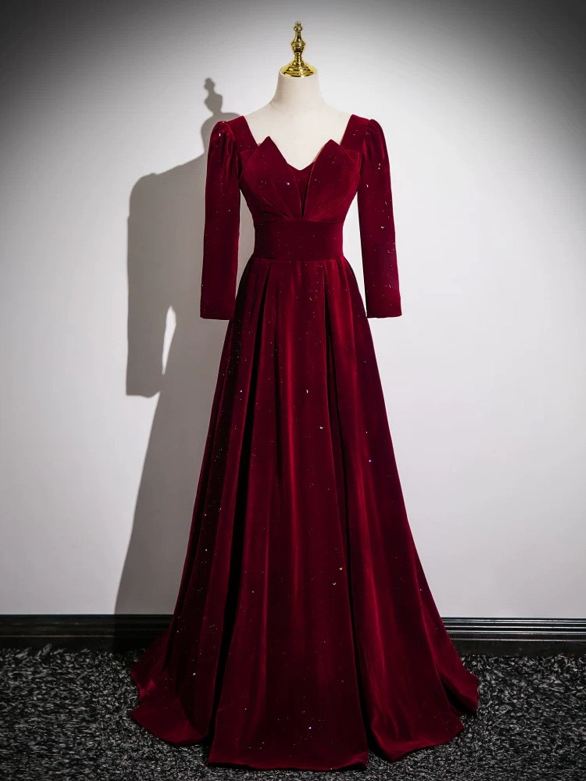 Elegant Wine Red Velvet Long Sleeves Party Dress, A-line Wine Red Prom Cutedressy Elegant Wine Red Velvet Long Sleeves Party Dress, A-line Wine Red Prom Cutedressy