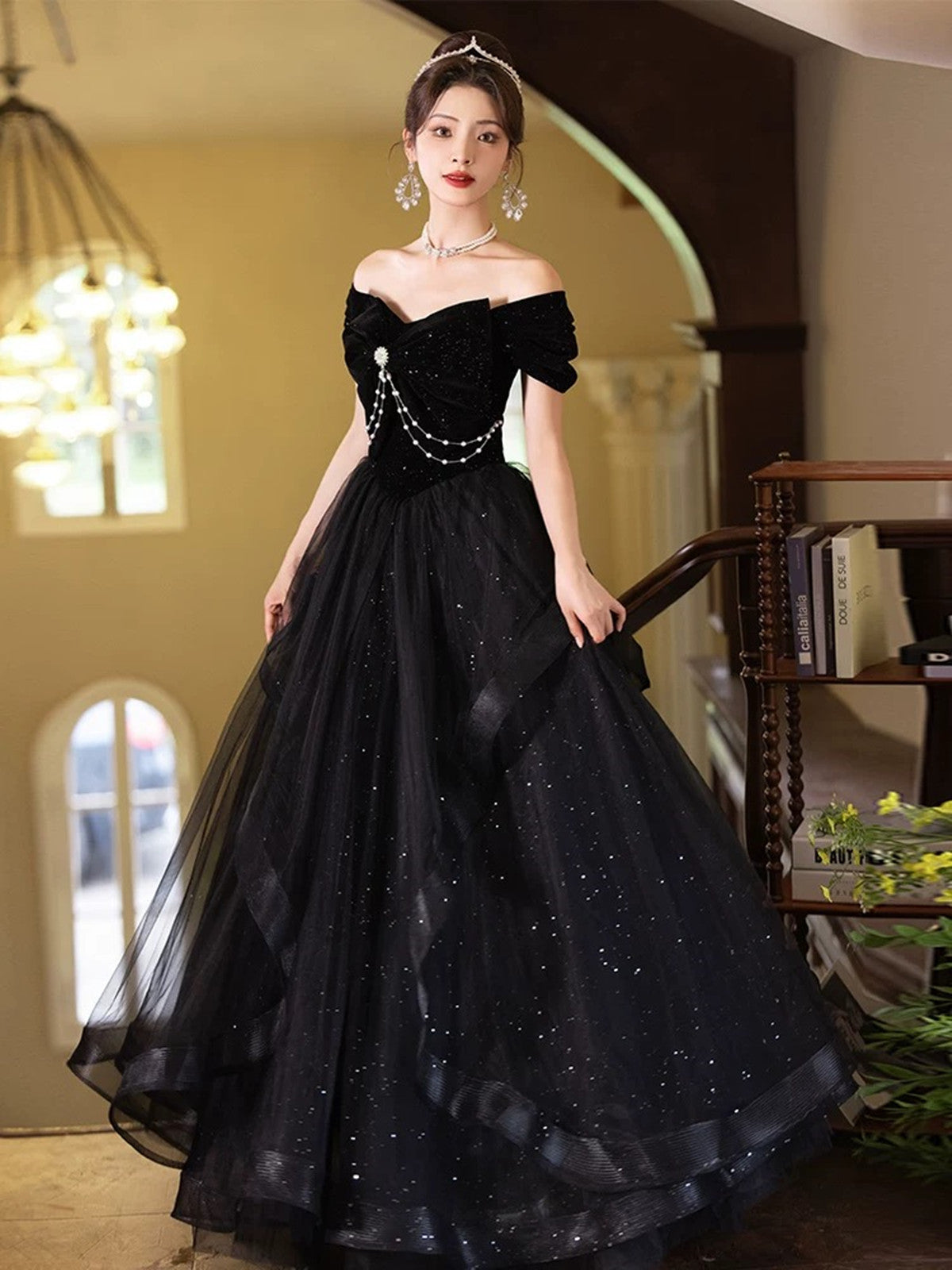 black off shoulder a line dress Asymmetric Off-Shoulder A-Line Midi