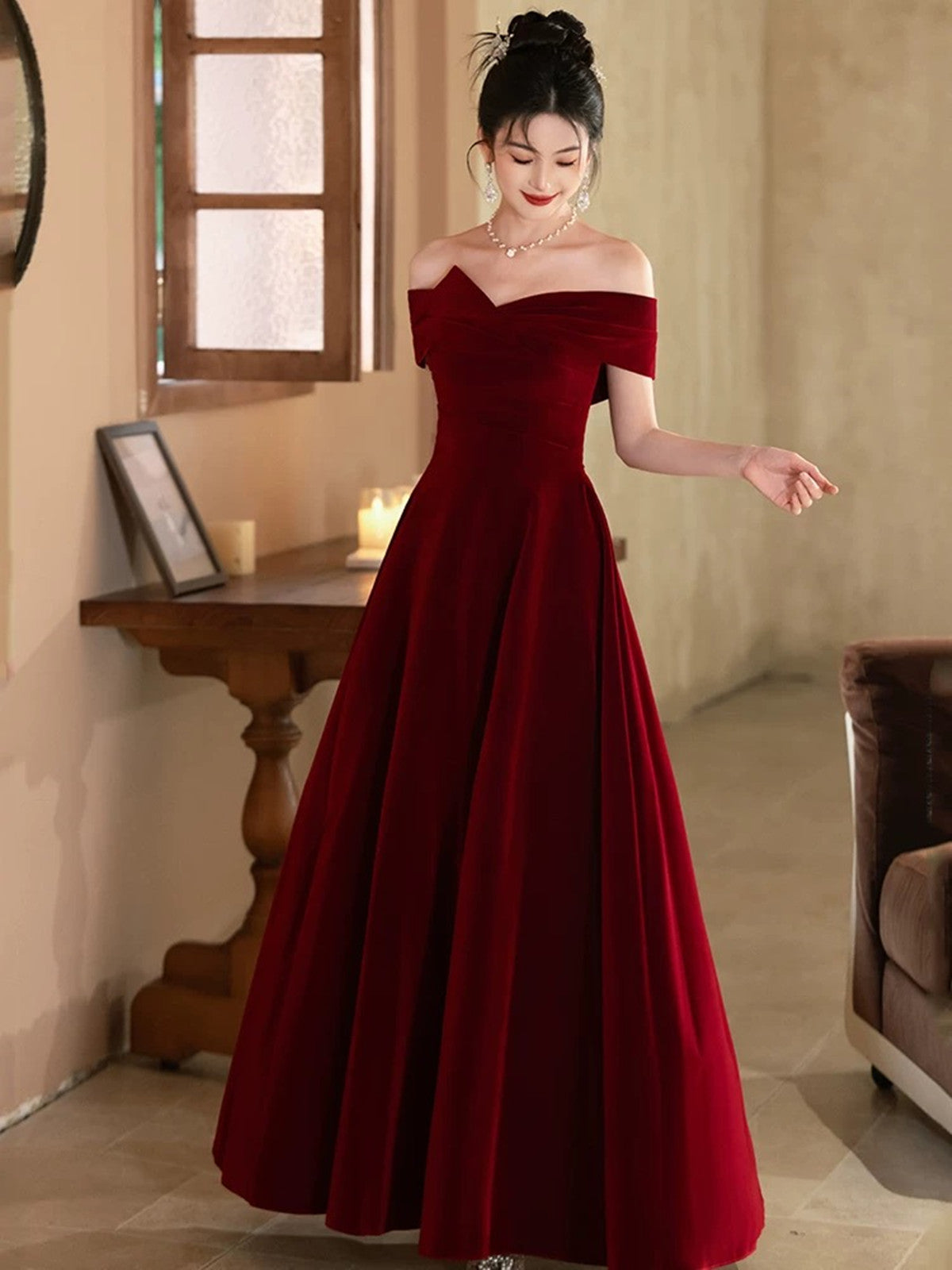 Lovely Wine Red Velvet A-line Off Shoulder Party Dress, Wine Red Velve Cutedressy Lovely Wine Red Velvet A-line Off Shoulder Party Dress, Wine Red Velve Cutedressy
