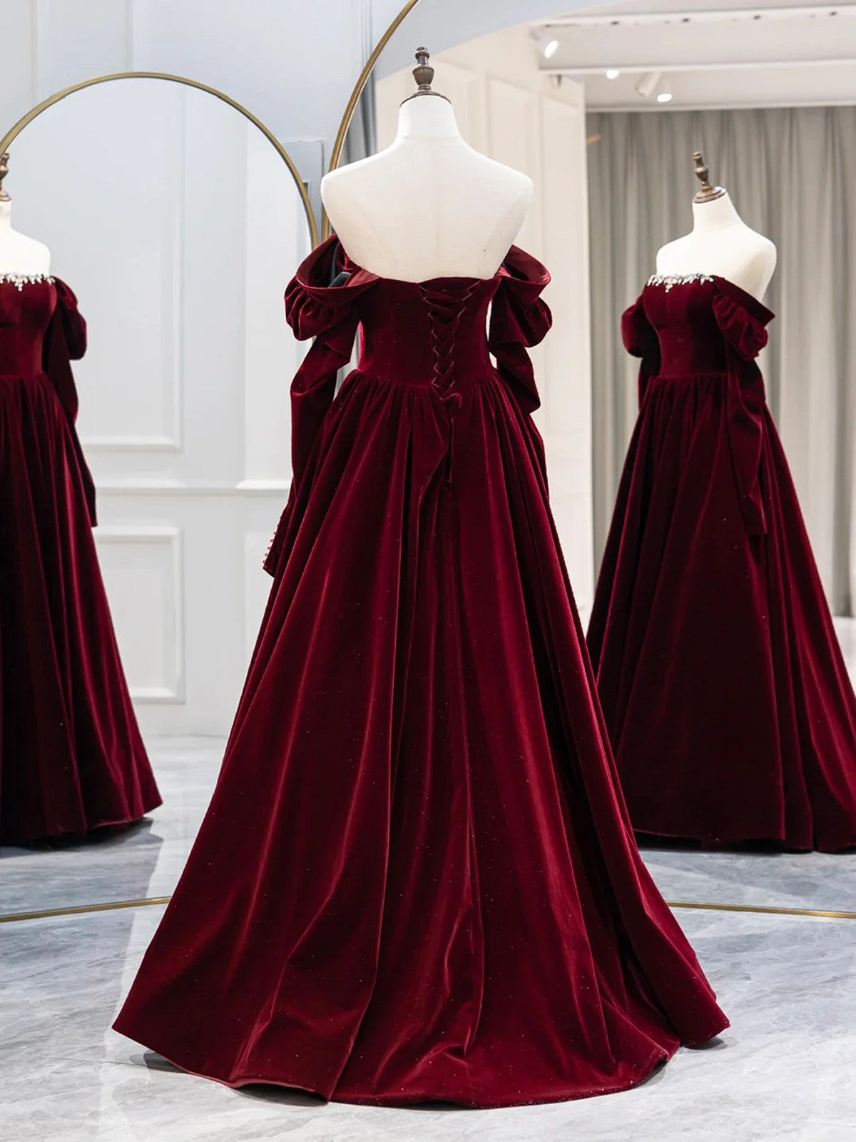 Wine Red Long Sleeves Off Shoulder Party Dress, Wine Red Velvet Prom Dress Wine Red Long Sleeves Off Shoulder Party Dress, Wine Red Velvet Prom Dress
