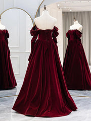 Wine Red Long Sleeves Off Shoulder Party Dress, Wine Red Velvet Prom Dress Wine Red Long Sleeves Off Shoulder Party Dress, Wine Red Velvet Prom Dress