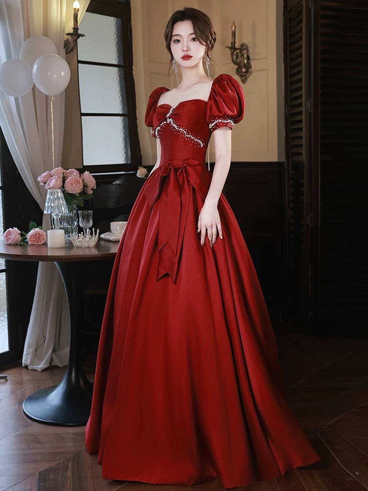 red satin prom dresses Wine Red Satin Short Sleeves Pearls Long Party Dress, Wine Red Satin P – Cutedressy