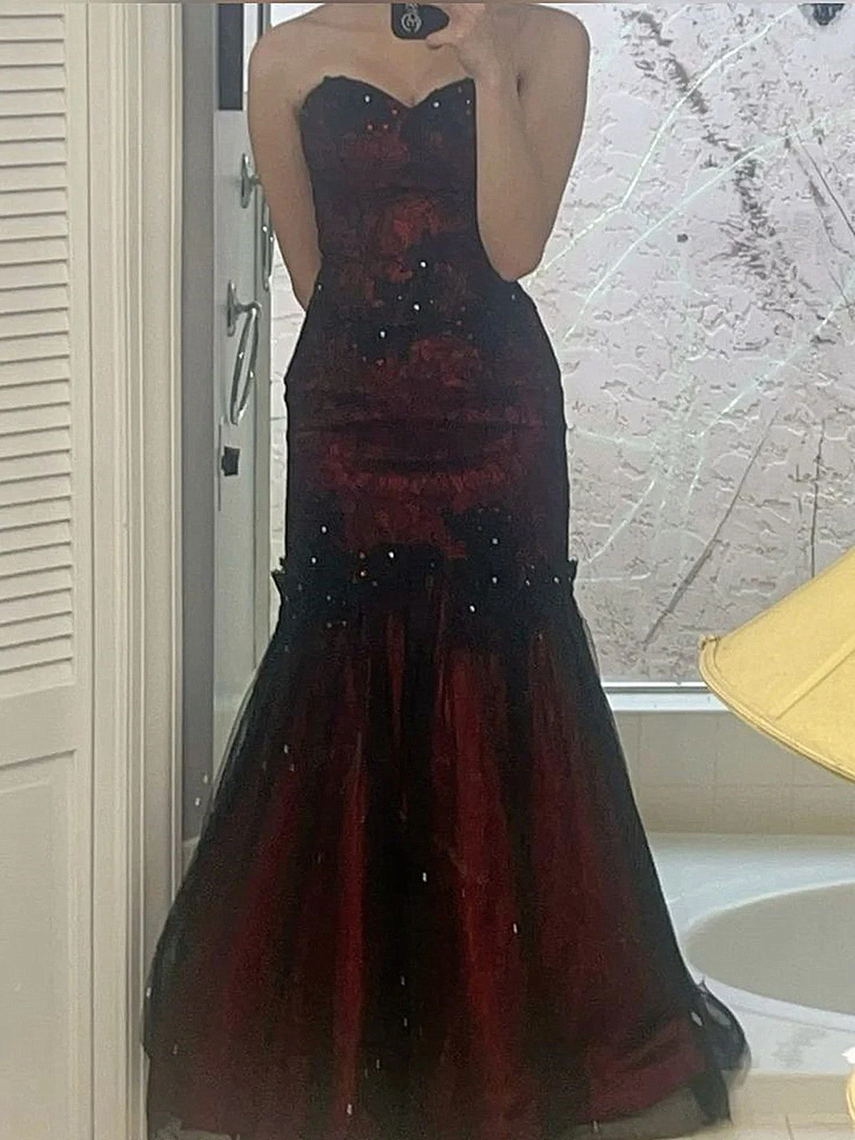 Black and Red Sweetheart Tulle with Lace Party Dress, Mermaid Long Pro Cutedressy Black and Red Sweetheart Tulle with Lace Party Dress, Mermaid Long Pro Cutedressy