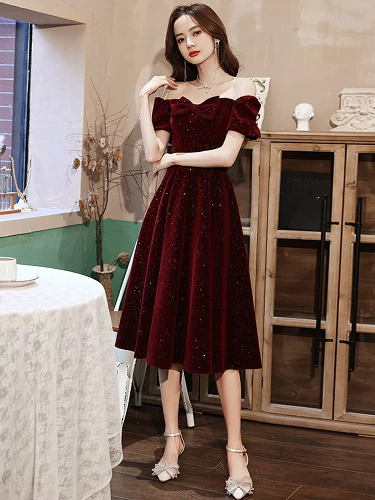 red tea party dress Red tea length prom dress embellished with glitter and open back