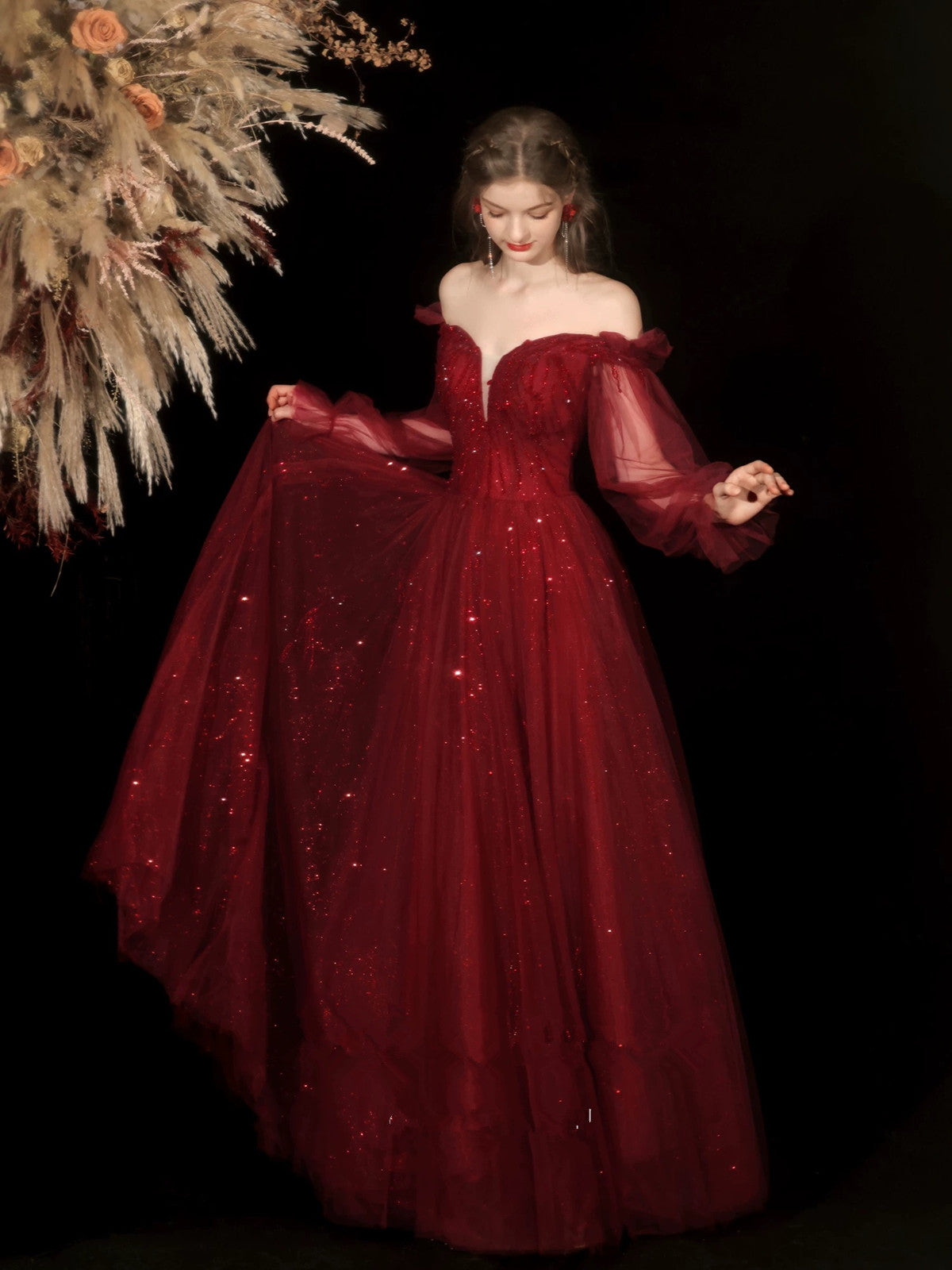 Wine Red Tulle Beaded Off Shoulder Long Formal Dress, Wine Red A-line Cutedressy Wine Red Tulle Beaded Off Shoulder Long Formal Dress, Wine Red A-line Cutedressy