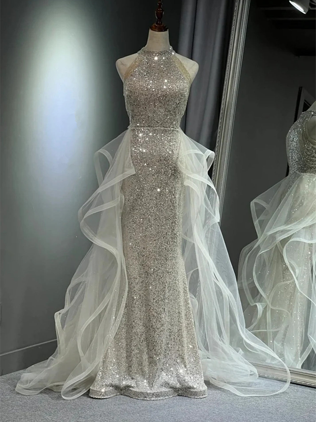 Chic White Tulle and Sequins Long Prom Dress, Halter A-line Party Dres – Cutedressy