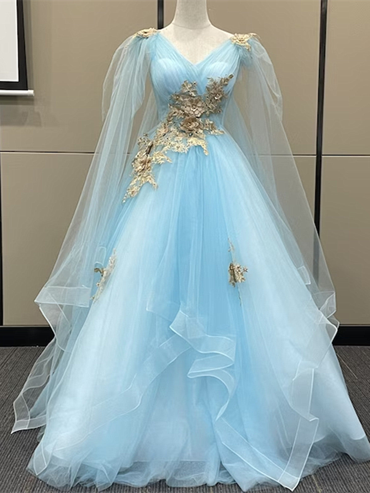Light Blue Tulle with Gold Lace Applique Party Dress, Light Blue Prom Light Blue Tulle with Gold Lace Applique Party Dress, Light Blue Prom