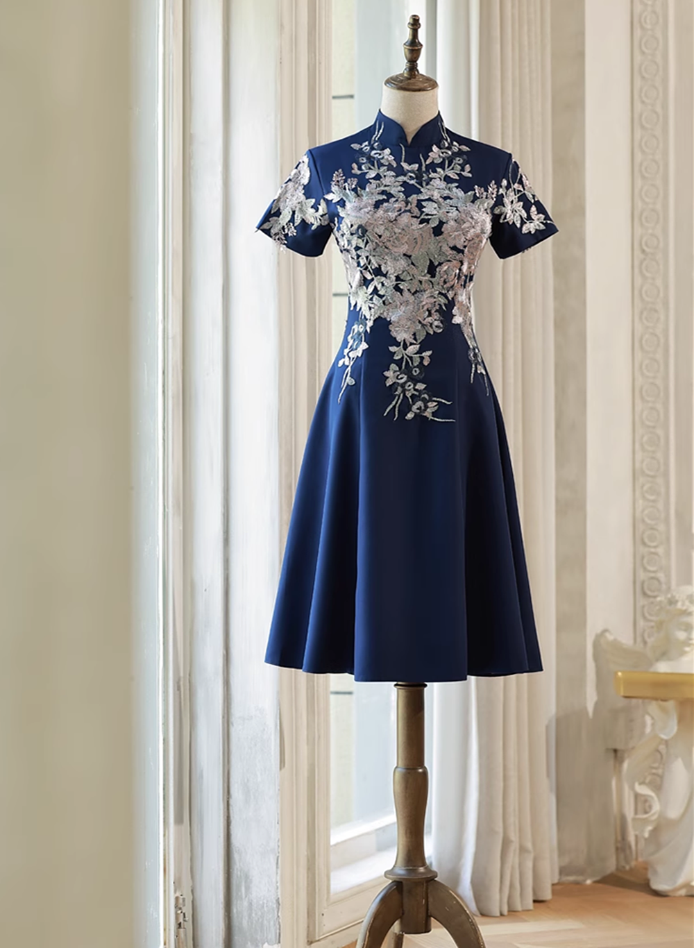 Navy Blue Short Sleeves Party Dress with Lace Applique, Short Cute Blu Cutedressy Navy Blue Short Sleeves Party Dress with Lace Applique, Short Cute Blu Cutedressy
