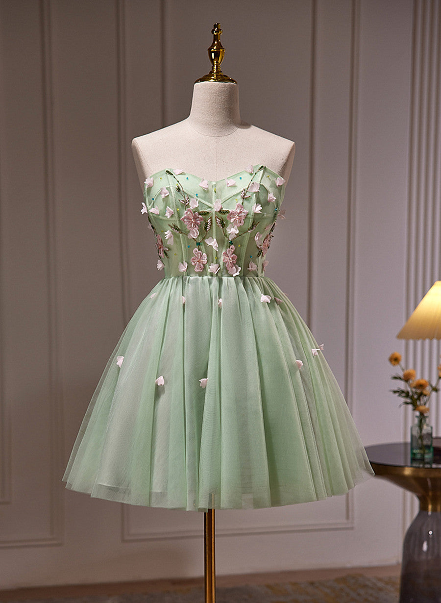 Green Tulle with Flowers Tulle Beaded Party Dress, Green Short Prom Dr Cutedressy Green Tulle with Flowers Tulle Beaded Party Dress, Green Short Prom Dr Cutedressy
