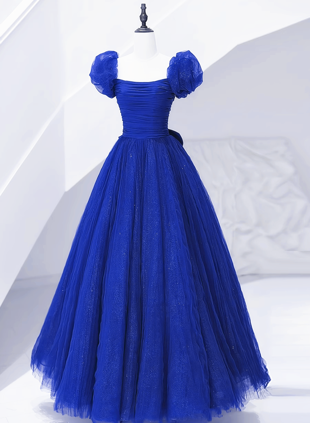 Royal Blue Scoop Tulle Short Sleeves Long Prom Dress, Royal Blue A-lin Cutedressy Royal Blue Scoop Tulle Short Sleeves Long Prom Dress, Royal Blue A-lin Cutedressy