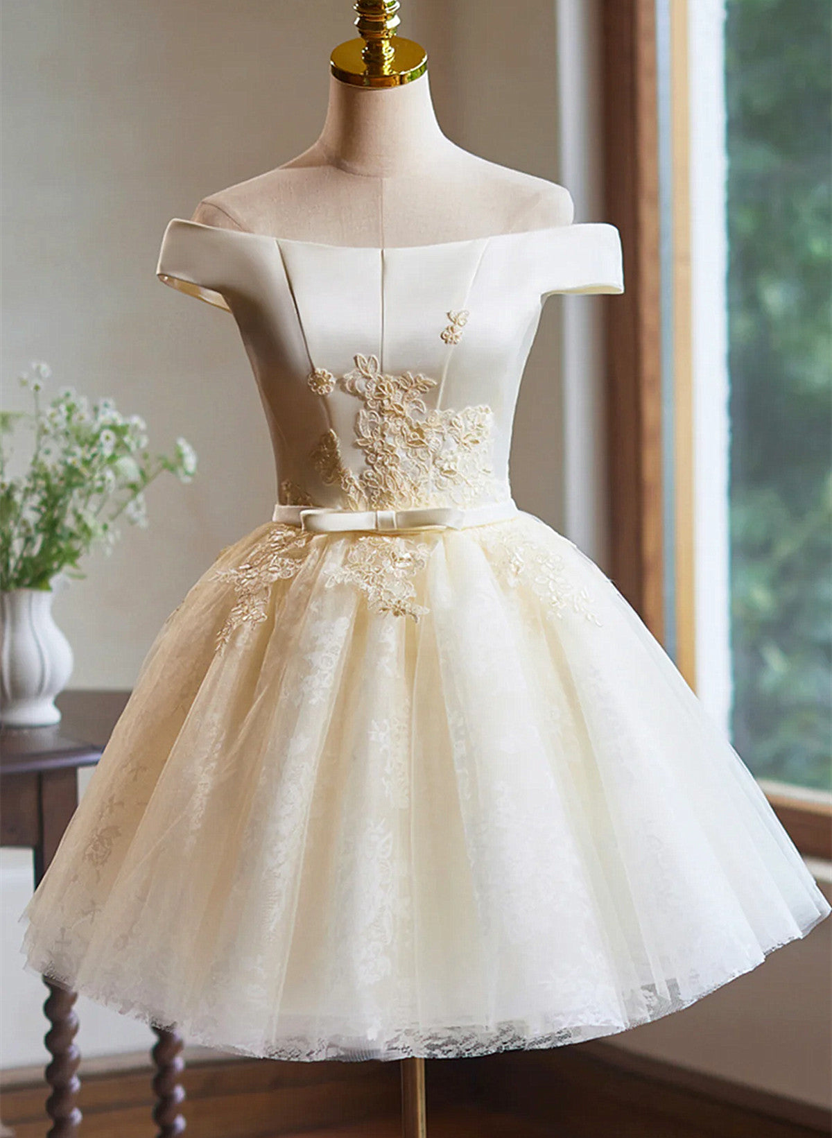 Ivory Knee Length Tulle Off Shoulder Party Dress, Ivory Homecoming Dre Cutedressy Ivory Knee Length Tulle Off Shoulder Party Dress, Ivory Homecoming Dre Cutedressy