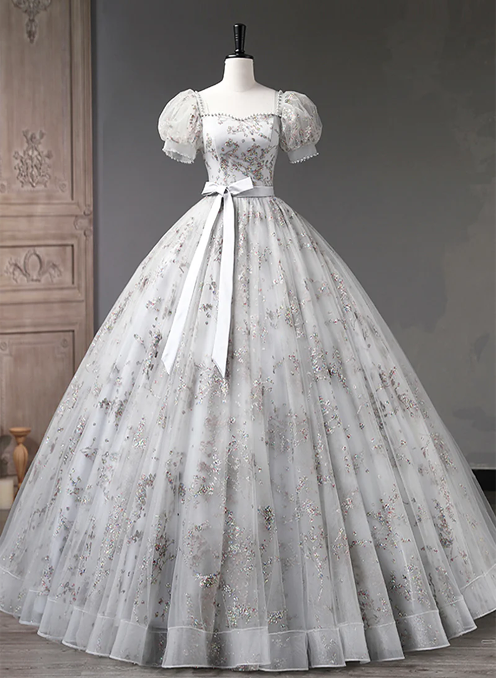 Lovely Light Grey Tulle Sequins Long Prom Dress, A-Line Grey Evening P – Cutedressy