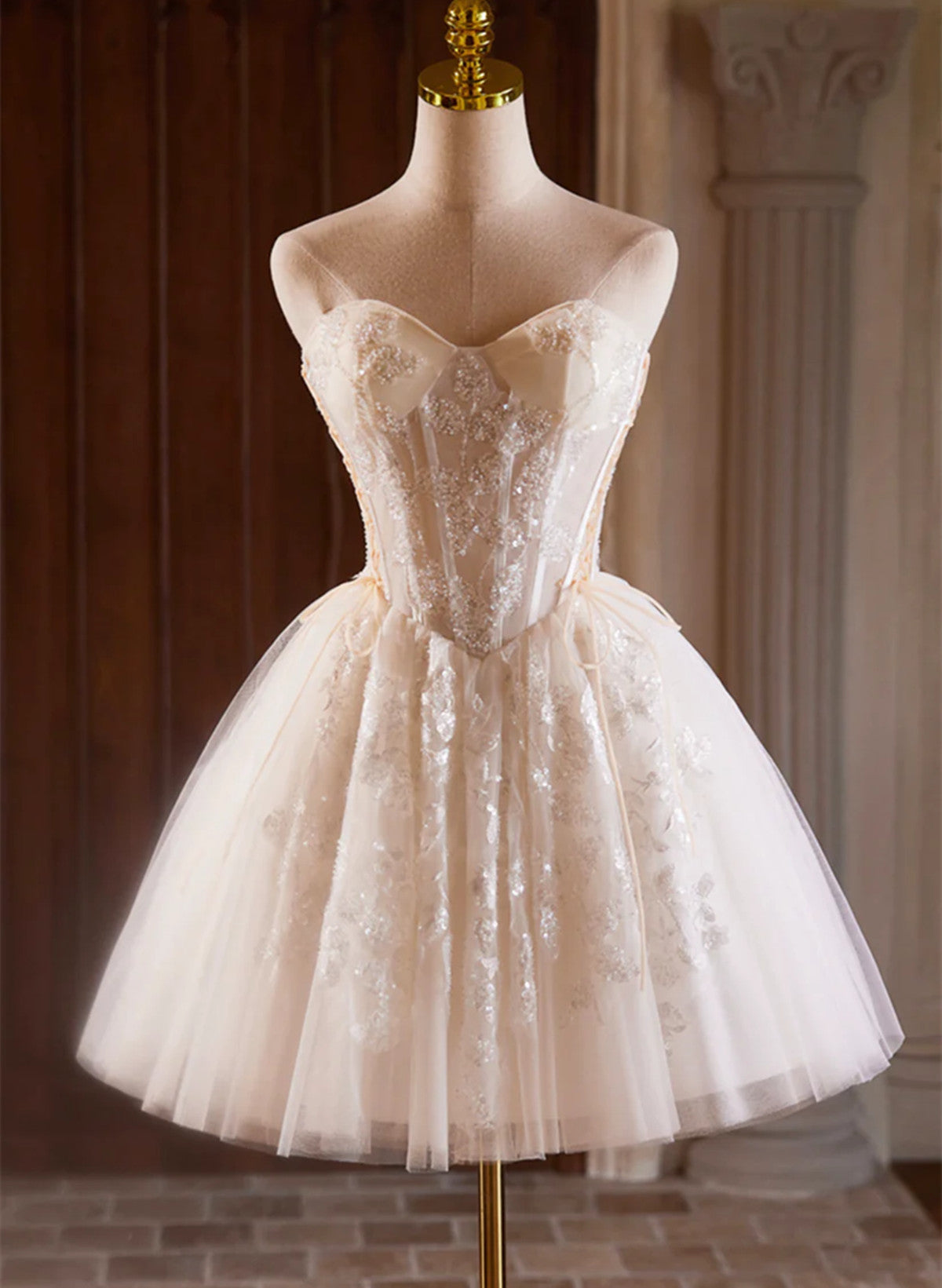 Ivory Strapless Tulle Beaded Short Prom Dress, A-Line Sweetheart Neck Cutedressy Ivory Strapless Tulle Beaded Short Prom Dress, A-Line Sweetheart Neck Cutedressy