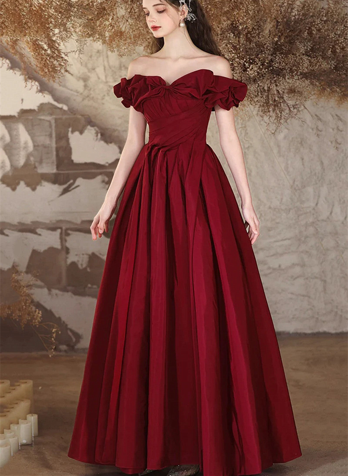 Wine Red Taffeta Long Evening Dress, Wine Red Off Shoulder Prom Dress Cutedressy Wine Red Taffeta Long Evening Dress, Wine Red Off Shoulder Prom Dress Cutedressy