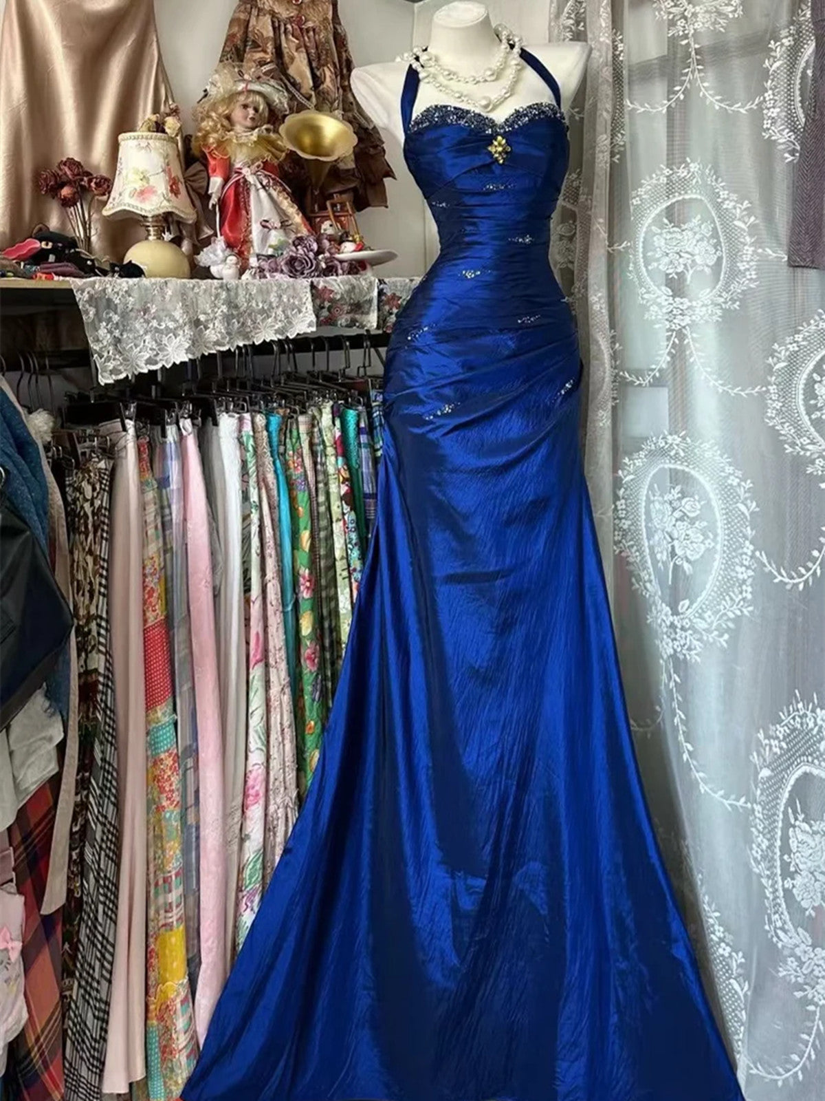 Blue Beaded Halter Mermaid Satin Long Formal Dress, Blue Satin Sweethe Cutedressy Blue Beaded Halter Mermaid Satin Long Formal Dress, Blue Satin Sweethe Cutedressy
