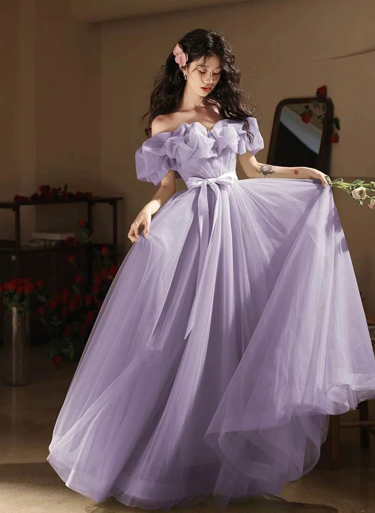 Lavender Tulle Off Shoulder A-line Long Prom Dress, Lavender Evening D Cutedressy Lavender Tulle Off Shoulder A-line Long Prom Dress, Lavender Evening D Cutedressy