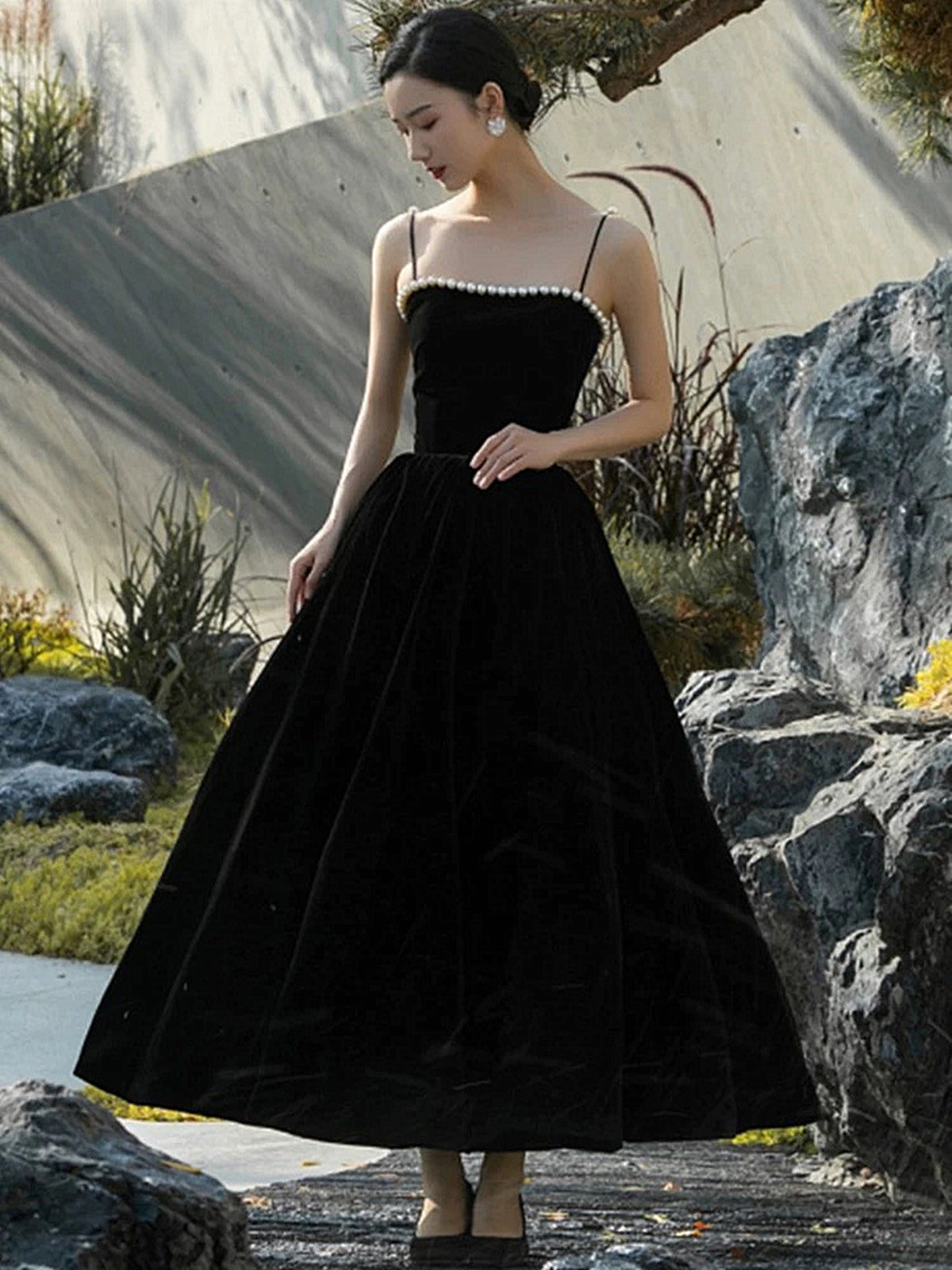 Black Tea Length Velvet Straps Lace-up Formal Dress, Black Velvet Part – Cutedressy Black Tea Length Velvet Straps Lace-up Formal Dress, Black Velvet Part – Cutedressy