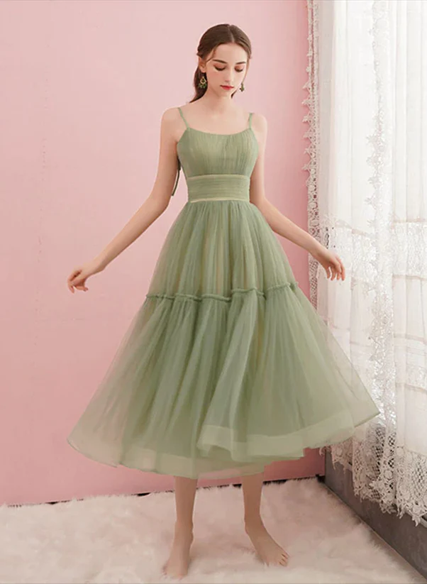 Light Green Tulle Straps Tea Length Party Dress, Light Green Tulle Hom Cutedressy Light Green Tulle Straps Tea Length Party Dress, Light Green Tulle Hom Cutedressy