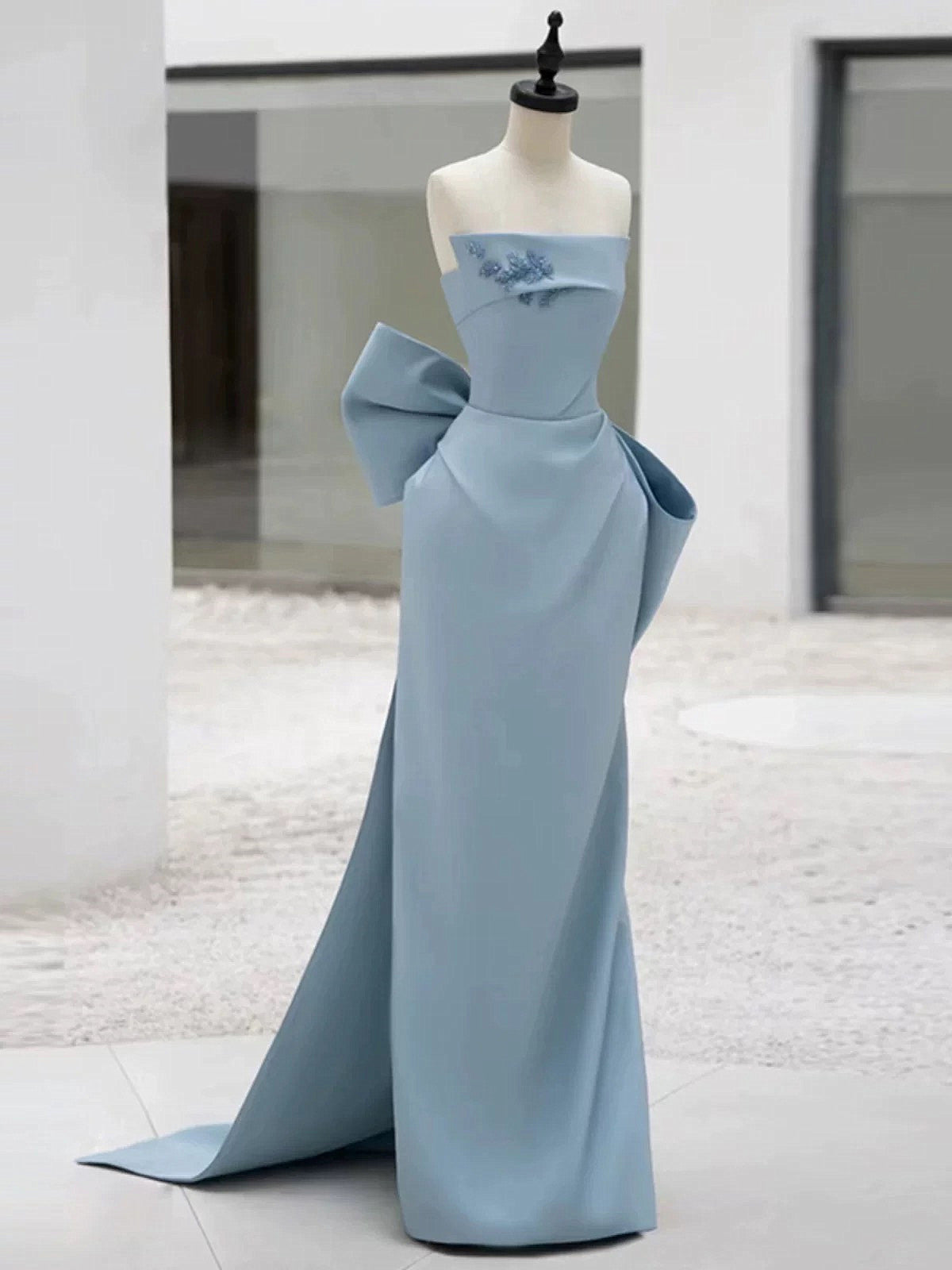 Light Blue Satin Low Back Long Party Dress with Bow, Light Blue Satin